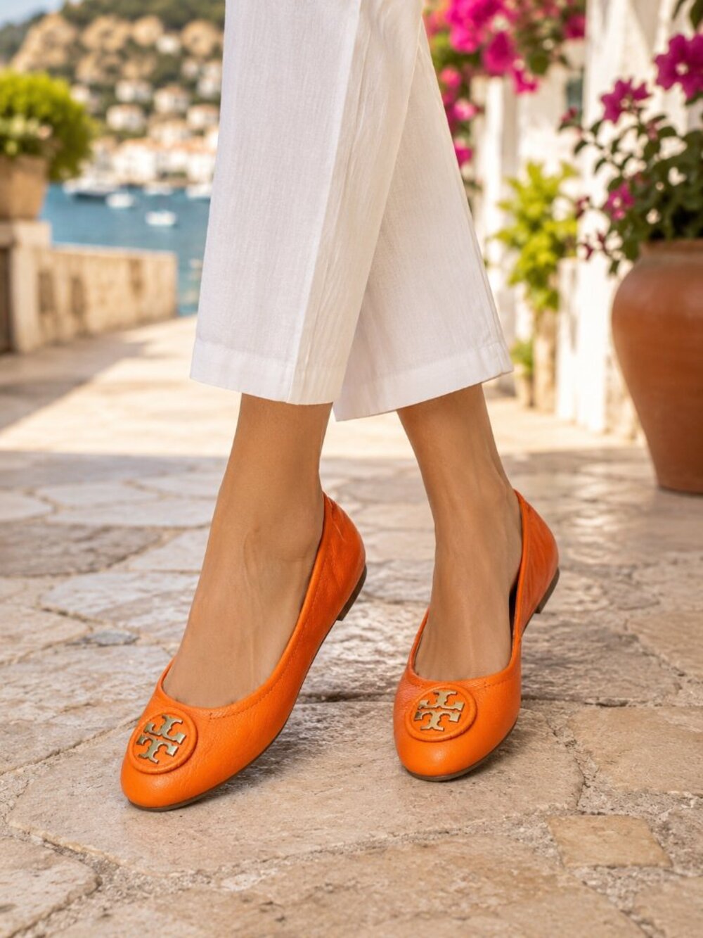 Tory Burch Orange Leather Logo Ballet Flats Gold Double T Size 8 NWOT